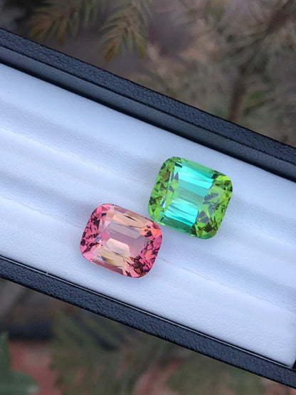 A Perfect Pair: 26 Carats of Bluish-Green and Peach-Pink Tourmalines