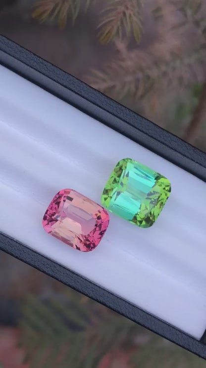 A Perfect Pair: 26 Carats of Bluish-Green and Peach-Pink Tourmalines